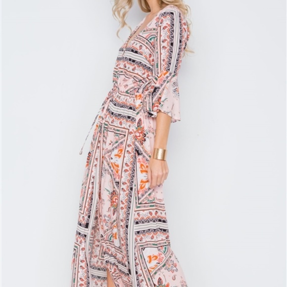 PINK MULTI PRINT MAXI BOHO DRESS - Picture 3 of 8